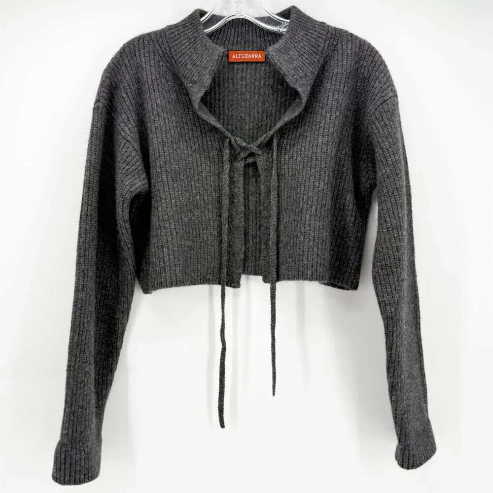 ALTUZARRA Cropped lace-up knitted cardigan knit sweater GRAY M - Picture 2 of 11